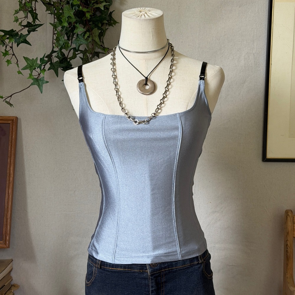 Grey Shimmer Tank Top Fitted Y2K Indie Sleaze S Corset Style 90s Sexy Vamp